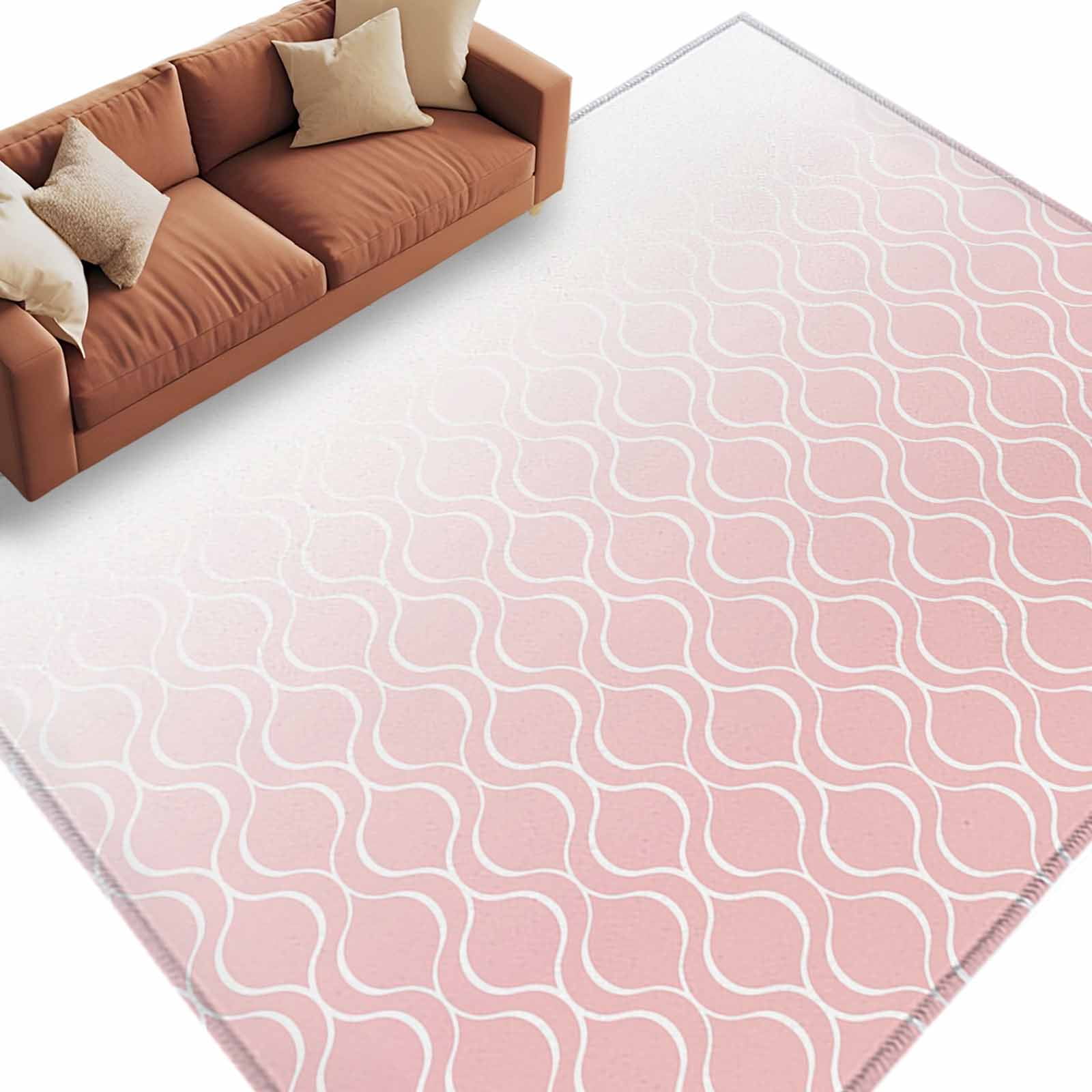 Area Rug 5x8ft Curved White Line Washable Rugs for Living Room Bedroom Abstract Geometric Striped on Pink Soft Non-slip Area Rugs Rectangle Floor Carpet for Dining Room