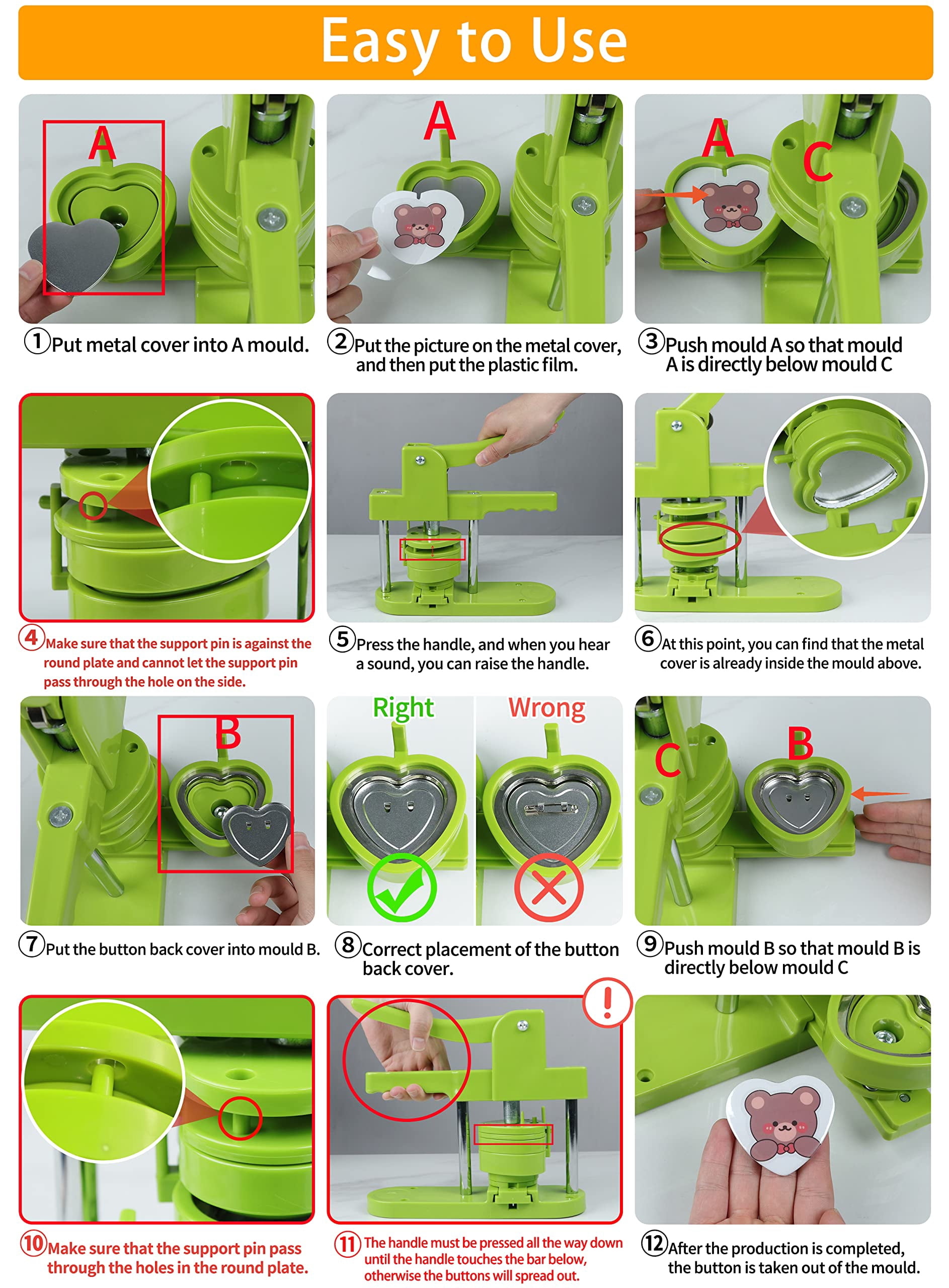 Heart-Shaped Button Maker Machine 57x53mm Installation-DIY Pin Button Maker Press Machine ,Beginner-Friendly