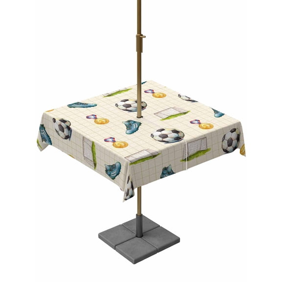 Outdoor Tablecloth with Umbrella Hole for Patio/Picnic/Party/Camping, Football Waterproof Table Cloth Square Cover Washable, Gold Medal Soccer Sports Beige (54"x 54")