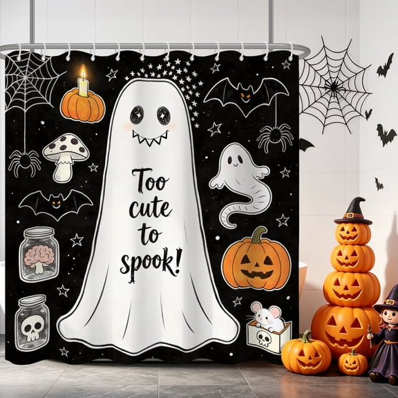 Tchckioa Black Halloween Cute Ghost Shower Curtain for Bathroom,72x72 Inch Waterproof Hooks Bath Curtain
