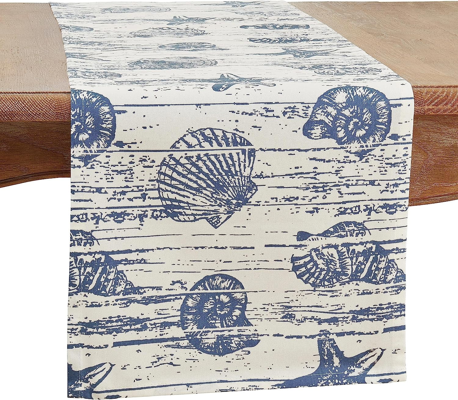 Indigo Nautical Seashell Cotton Table Runner 14" x 120"