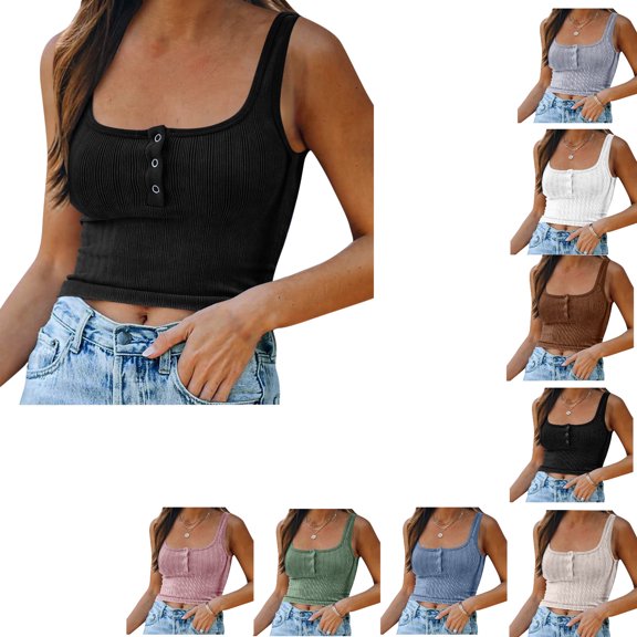 Women Tank Top Sleeveless Basic Fitted Crop Top Buttons Shirts Summer Slim Tee Top