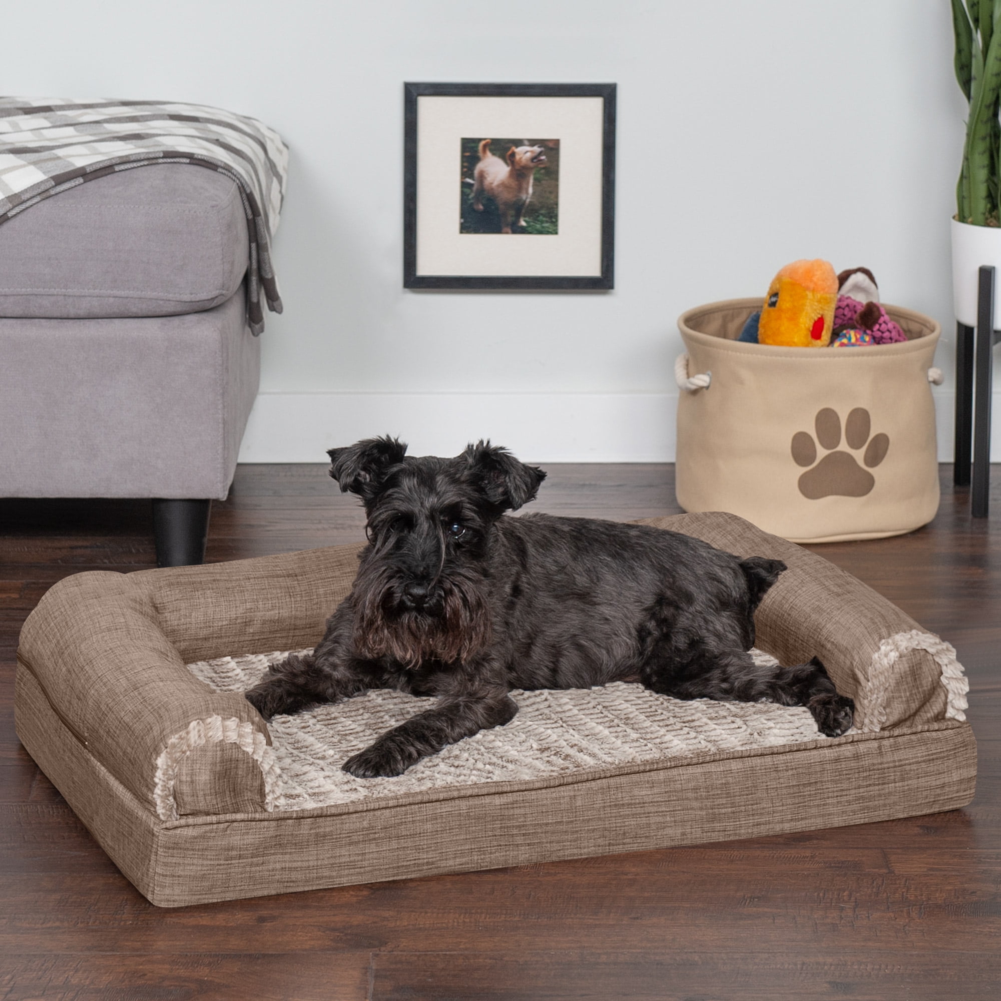 FurHaven Pet Products Luxe Fur & Performance Linen Cooling Gel Top Sofa Pet Bed for Dogs & Cats - Woodsmoke, Medium