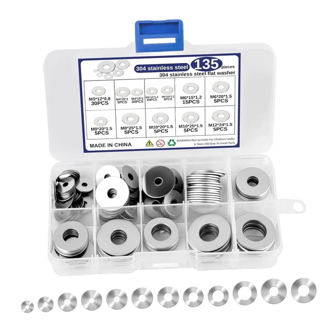 davian Assortiment de 135 Rondelles Plates Haute Résistance, 12 Tailles, en Acier Inoxydable (Métrique), pour Réparations, Installations, Usage Industriel