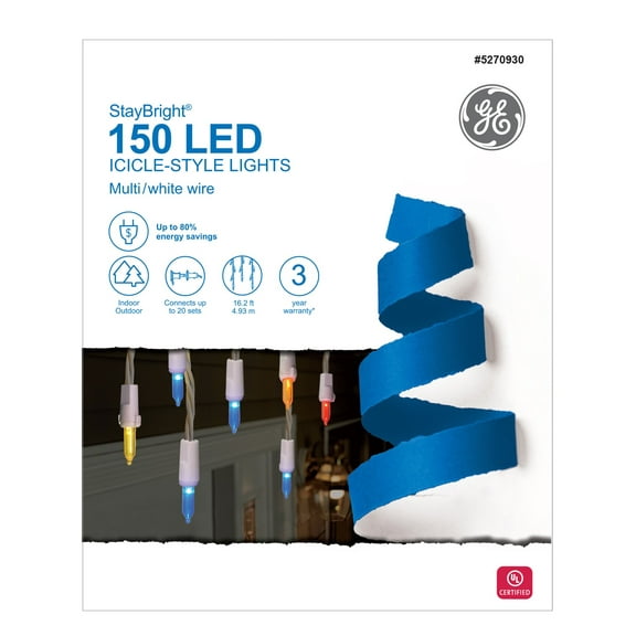 GE 150 Count StayBright Multicolor Multi Color LED Christmas Icicle Lights with White Wire