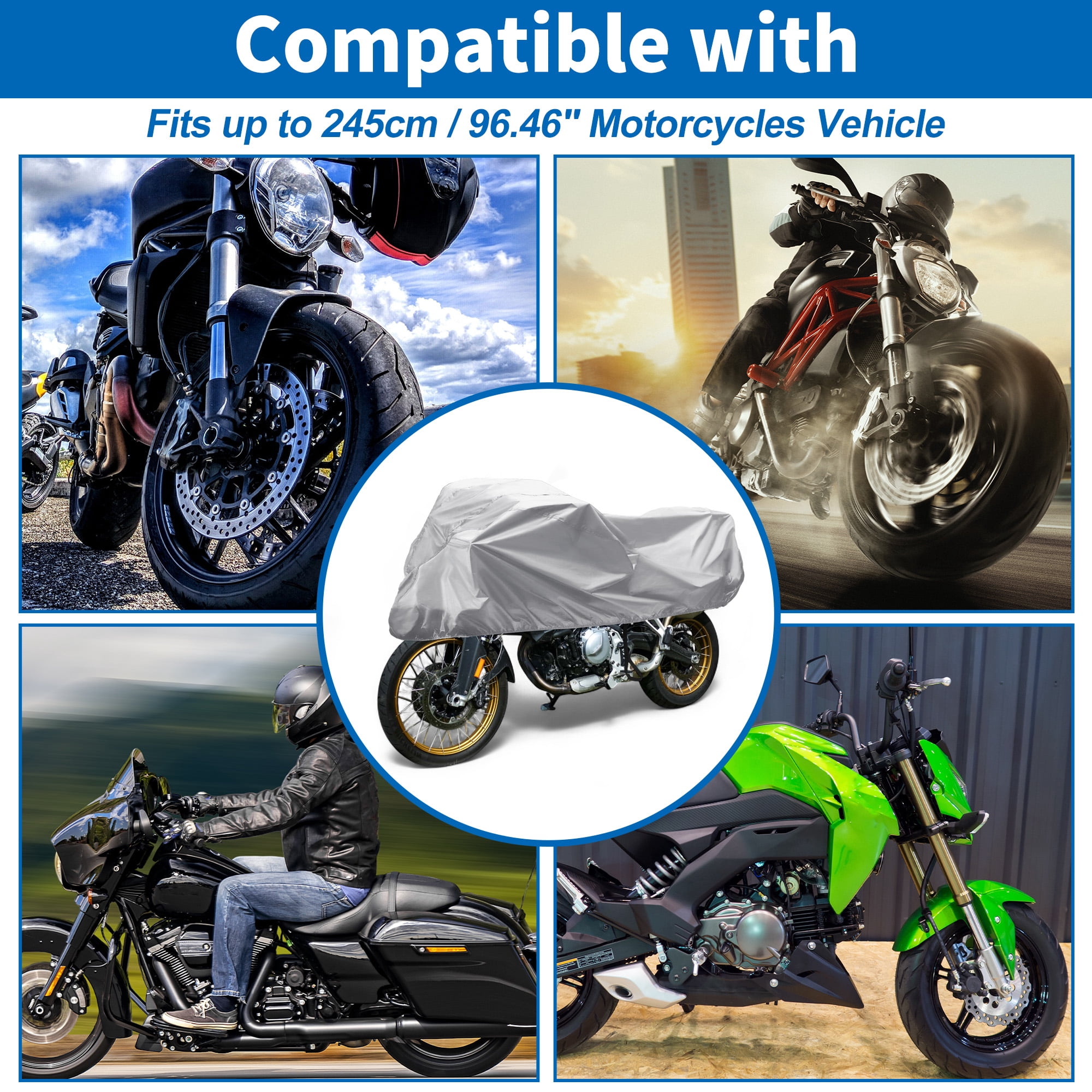 Motorcycle Cover Outdoor Waterproof Motorbike Cover Half Cover 420D-PU Silver Tone Protection Sun Rain Cover Fits 96.46"x41.34"x25.59"