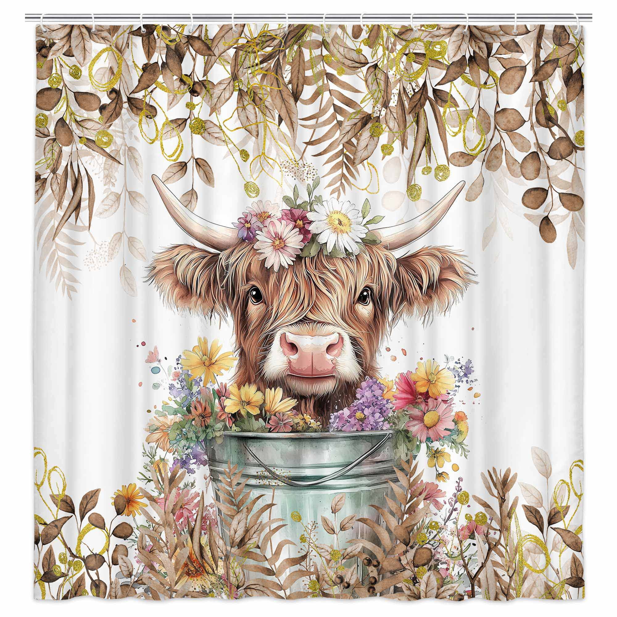 Brown Shower Curtain, Watercolor Plant Eucalyptus Leaves with Floral Farmhouse Highland Cow Bath Curtain, Funny Animals Bathroom Accessories Botanical for Bathroom Curtain Set with Hooks, 72X72in