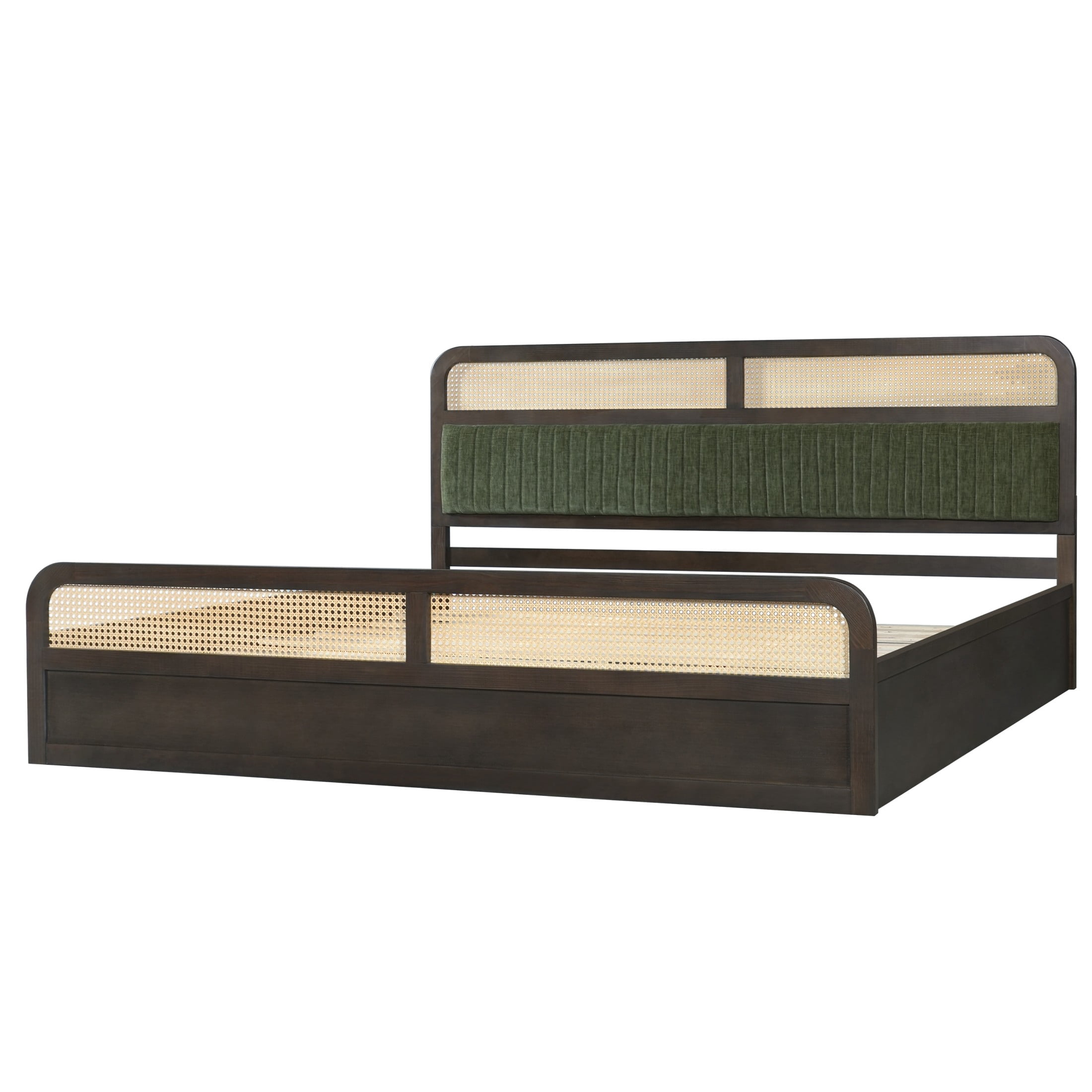 Christopher Knight Home King Wood Platform Bed with Rattan & Green Upholstered Headboard, Walnut Finish