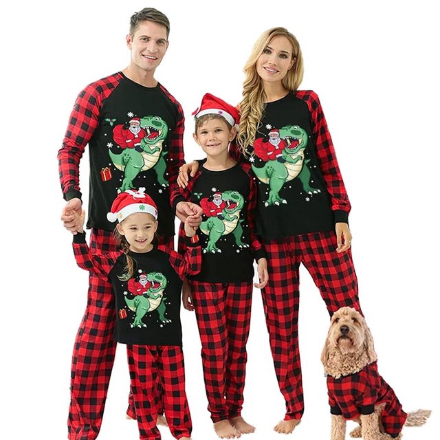 Conjunto de pijamas navideños a juego para toda la familia, camiseta con estampado de dinosaurio y Papá Noel y pantalones a cuadros