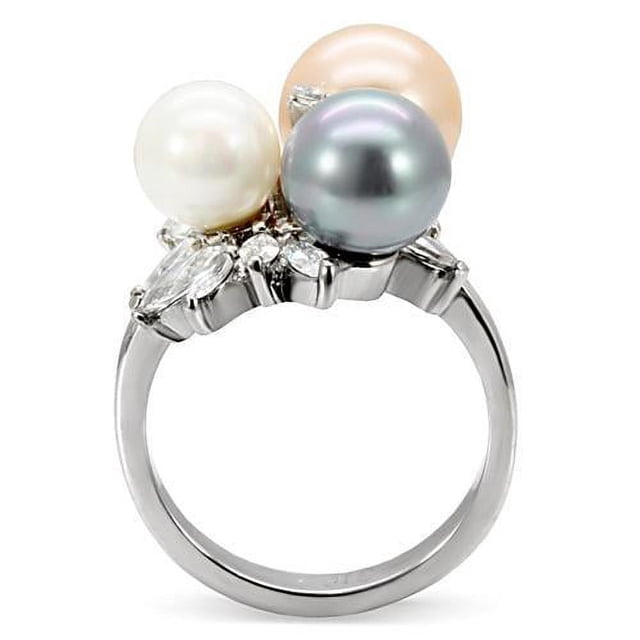 High polished (no plating) Stainless Steel Ring with Synthetic Pearl in Multi Color for Women Multi Color Stone Color Style TK114 Size 9