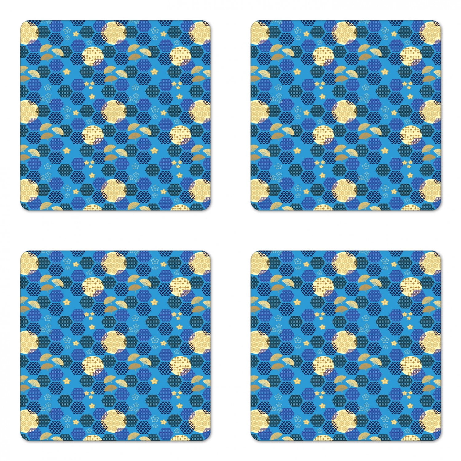 Japanese Coaster Set of 4, Folkloric Ornamental Hexagons Ethnic Fans and Flowers Asian Art