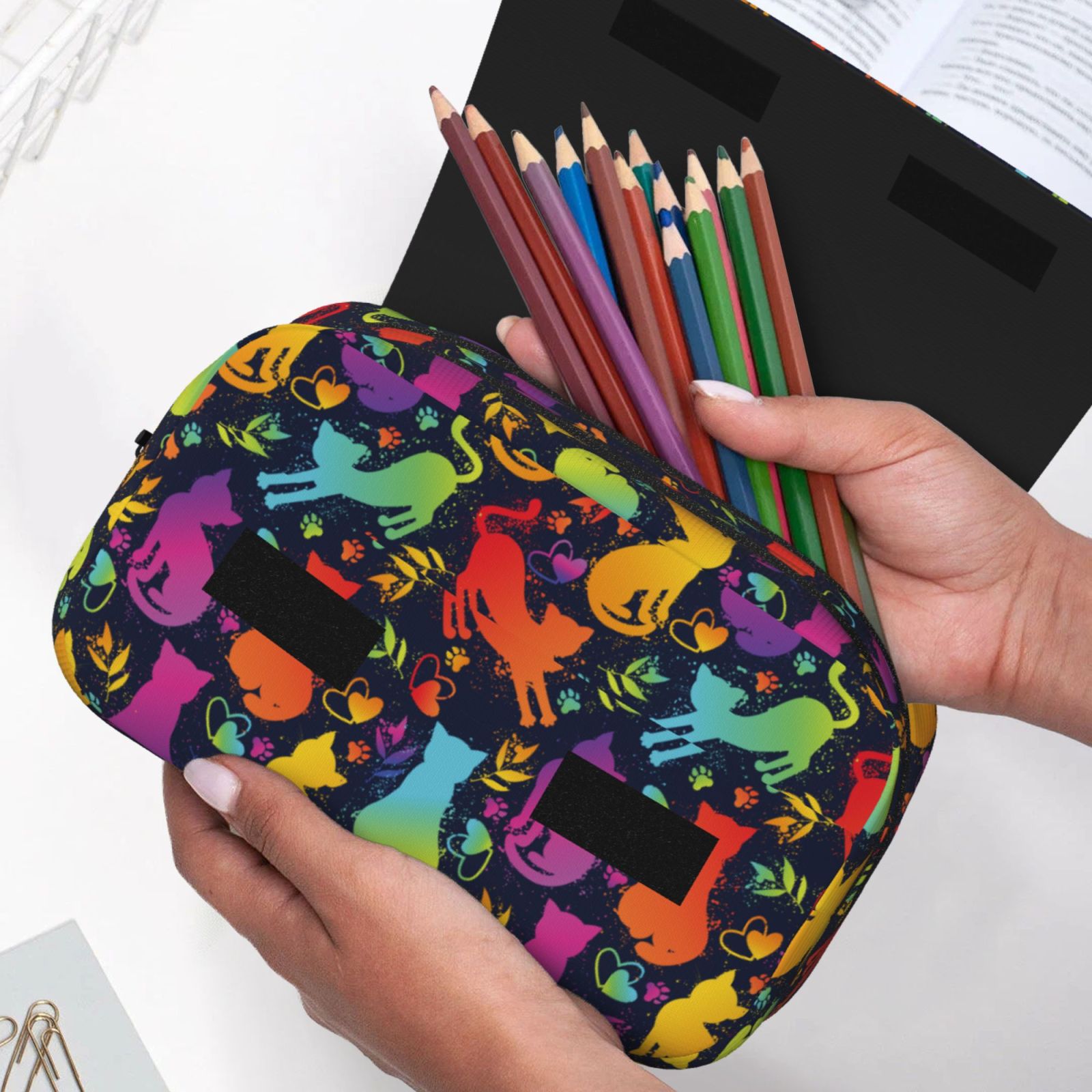 Rateoe Colorful Cats Pattern Double Clamshell Pen Case, Storage Organizer with Two Zipper Compartments– Holds Up to 50 Pencils & Pens