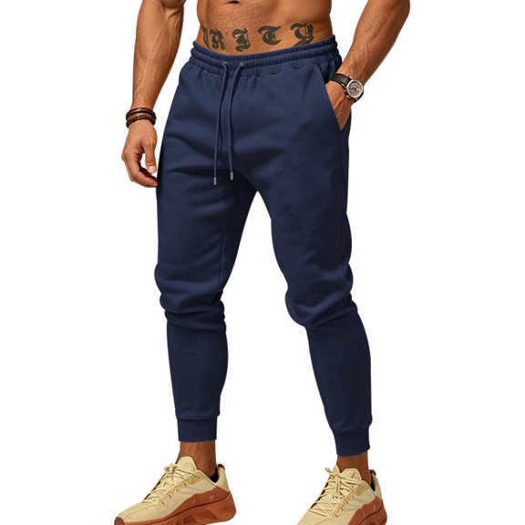 Men's Tapered Jogger Sweatpants, Drawstring Elastic Waist Outdoor Working Pants, Fall Slim Fit Solid Color Casual Trousers with Pockets Navy L