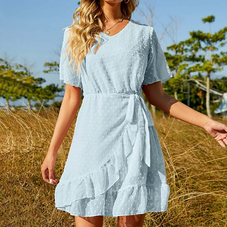 Cethrio Woman Dress 2024- Summer Casual Maxi Dress Boho Floral V-Neck Short  Sleeve Beach Tiered Sundress Long Swing Dress Sky Blue
