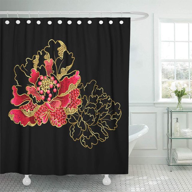 ABPHQTO Flores de Peonía Negra con Lentejuelas y Cuentas de Diseño Parche Floral Étnico Bordado Cortinas de Baño Impermeables Juego de Cortinas de Ducha 165x180 cm ABPHQTO PKNMT66x72Shower-11337