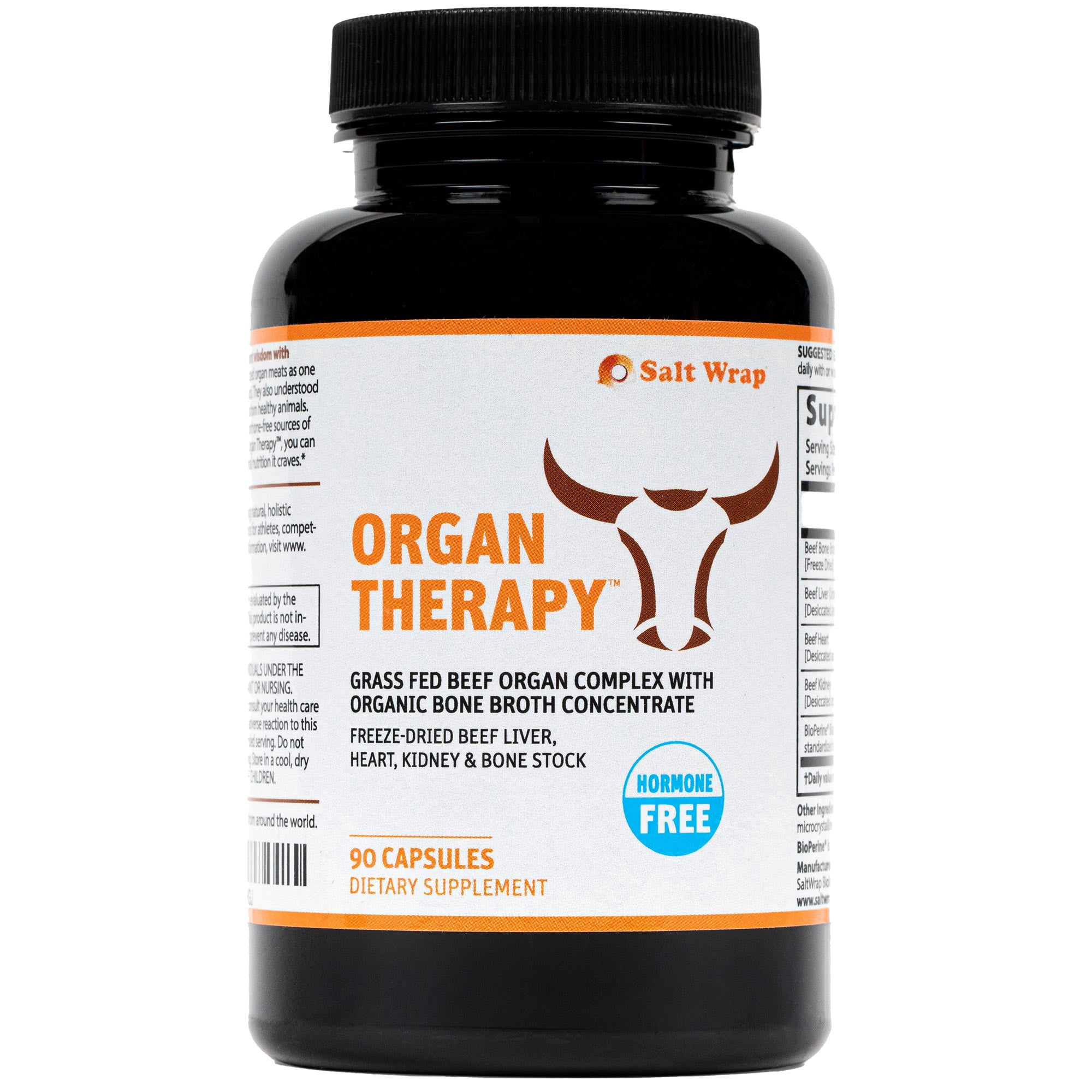 SaltWrap Organ Therapy - Grass Fed Beef Organ Meat Complex Supplement with Organic Bone Broth Concentrate (Desiccated Beef Liver, Heart, Kidney and Bone Broth Capsules with BioPerine)