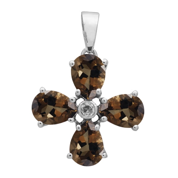 6X4mm Pear Smoky Quartz 925 Sterling Silver Women Religious Christian Cross Pendant Jewelry