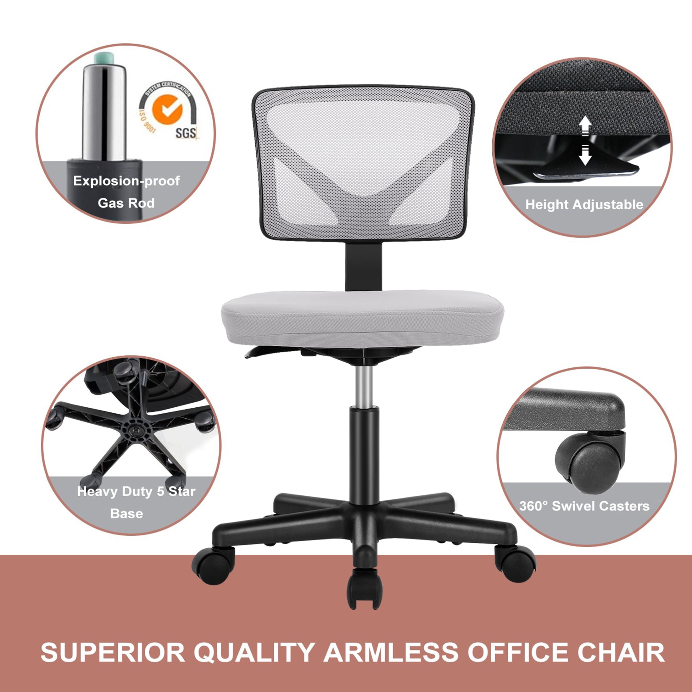 Yoyomax Armless Desk Chair, Ergonomic Low Back Computer Chair, Adjustable Rolling Swivel Task Chair with Plush Padded Seat, Grey