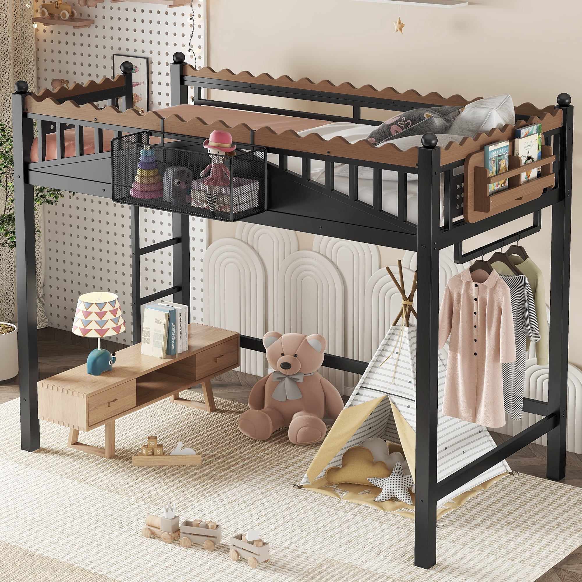 Leumius Twin XL Size Loft Bed,Metal Loft Bed with Storage Baskets and Bookshelf,High Loft Bed with Large Under-Bed Space,No Box Spring Needed,Black
