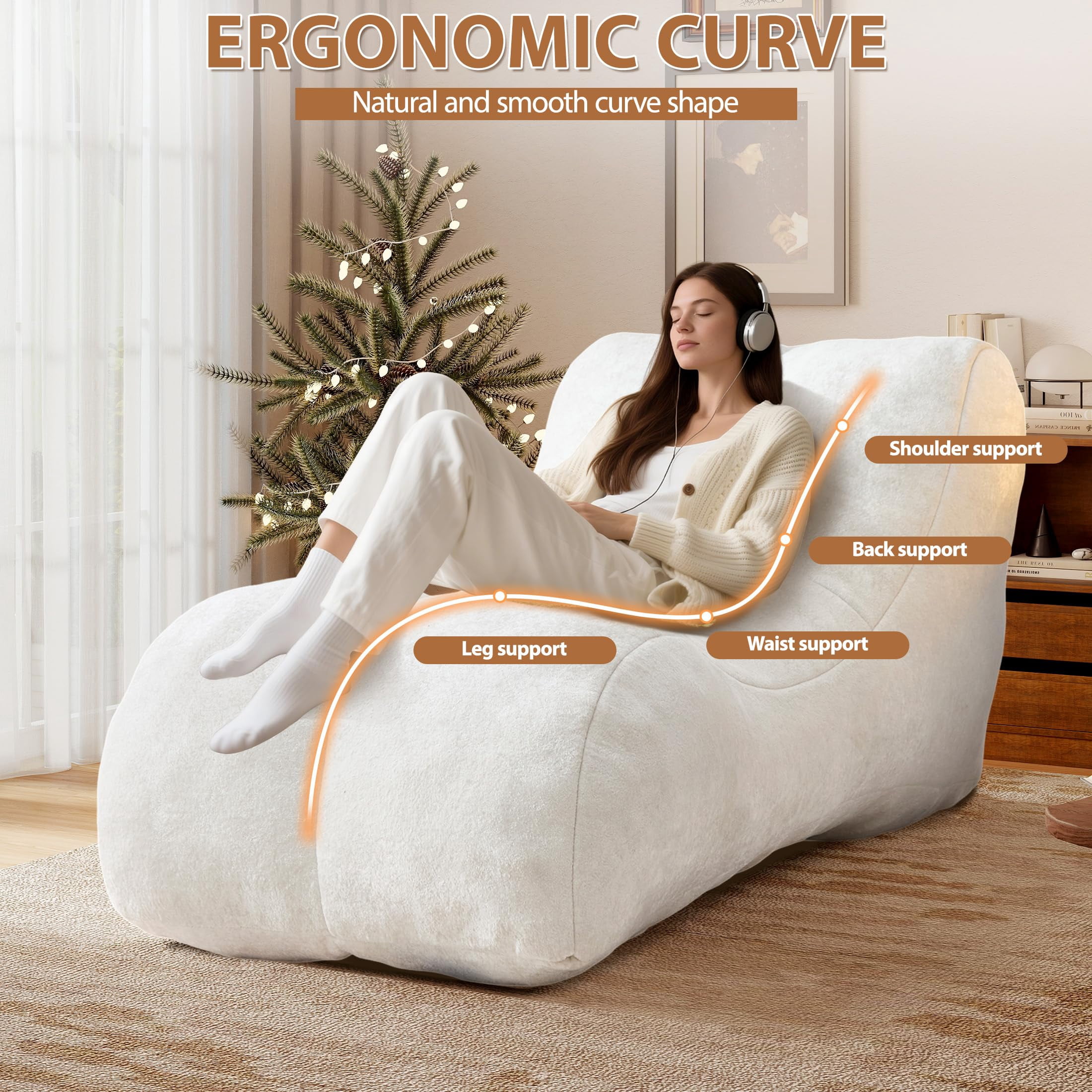 Aukfa Chaise Lounge, Bean Bag Sofa for Stretching, Relaxation, High Density Foam Recliner, White