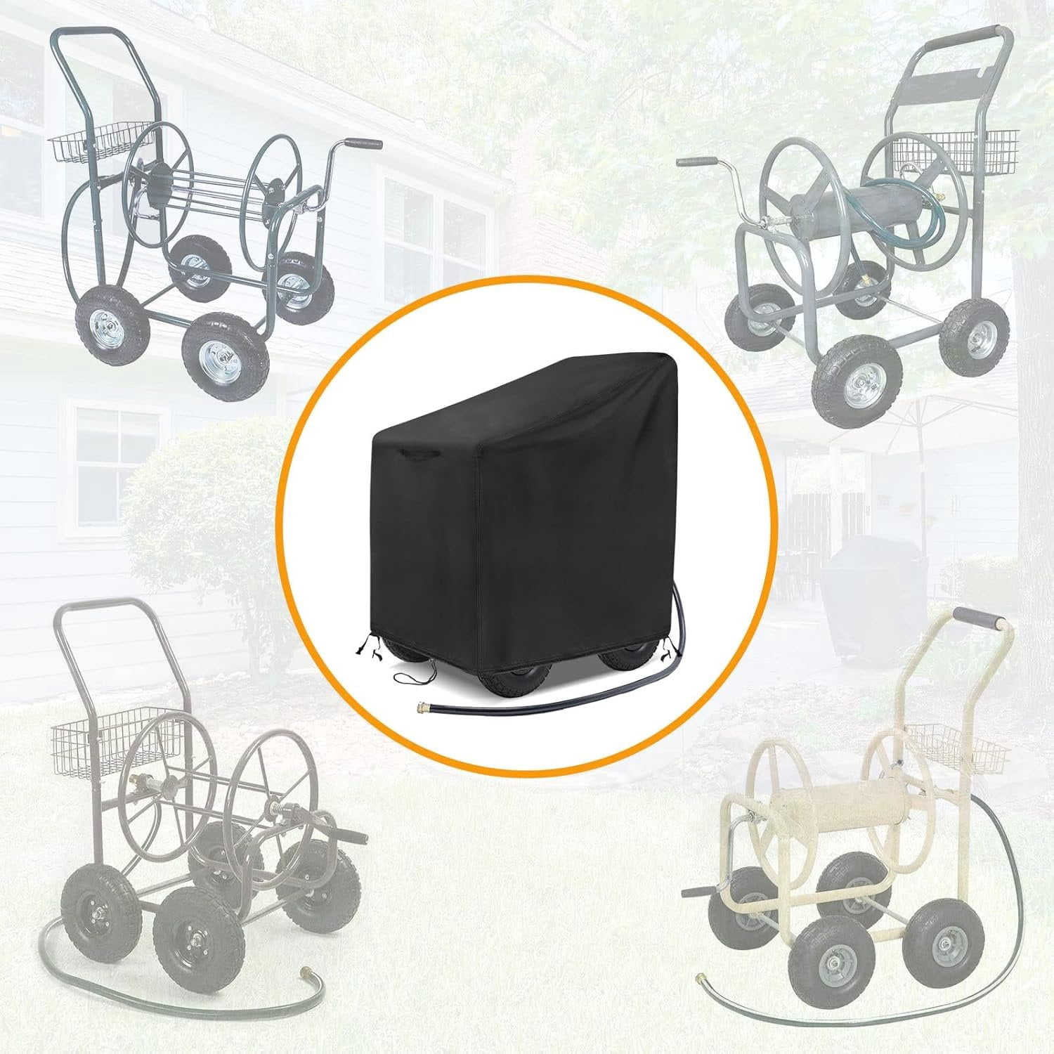 Garden Hose Reel Cart Cover, 600D Outdoor Hose Cart Covers for outside,  Anti-UV Hose Reel Cover,  Season Protection-30.3"L x26.3"Wx 35"H