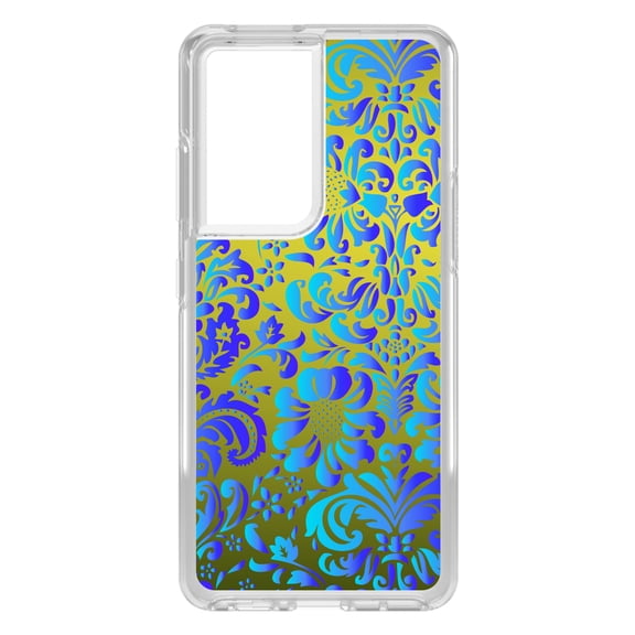 DistinctInk Clear Shockproof Hybrid Case for Galaxy S21 ULTRA 5G (6.8" Screen) - TPU Bumper, Acrylic Back, Tempered Glass Screen Protector - Green Blue Teal Floral Pattern