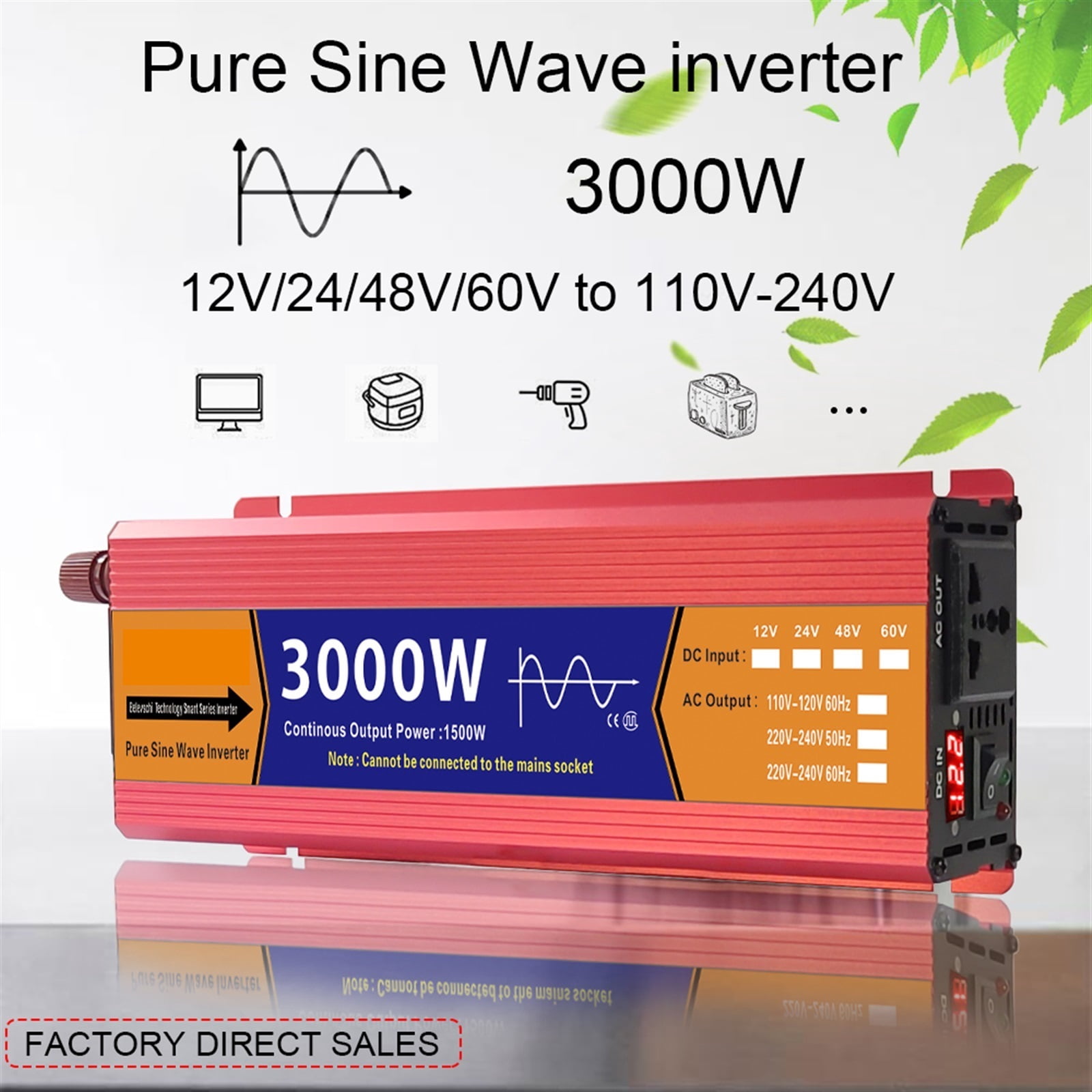 Pure Sine Wave Inverter 12V/24V To AC 1000W/1600W/2200W/3000W Voltage Transformer Power Converter Solar LED Inverter ,Powerful Output