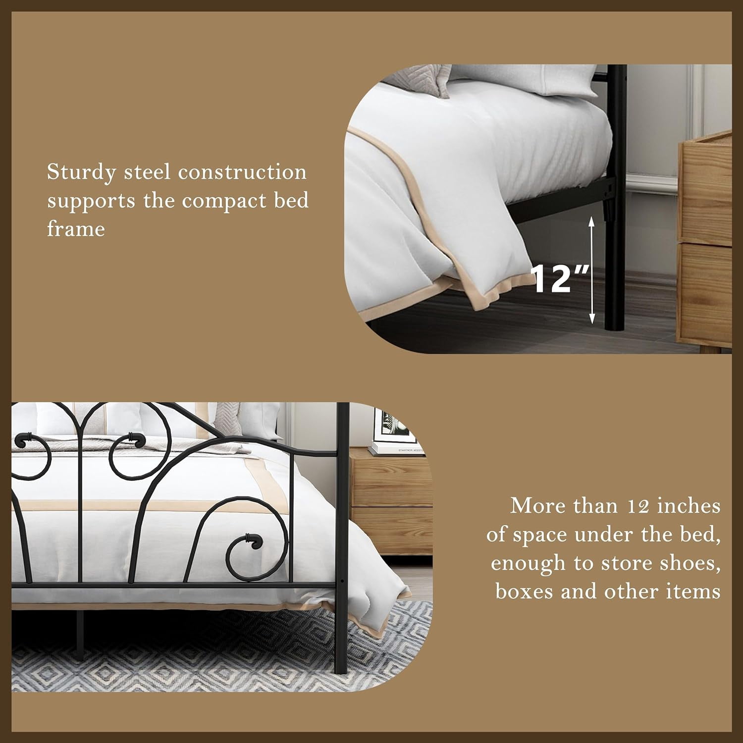 AUFANK Vintage Four Post Metal Canopy Bed Frame, Queen Size, Black