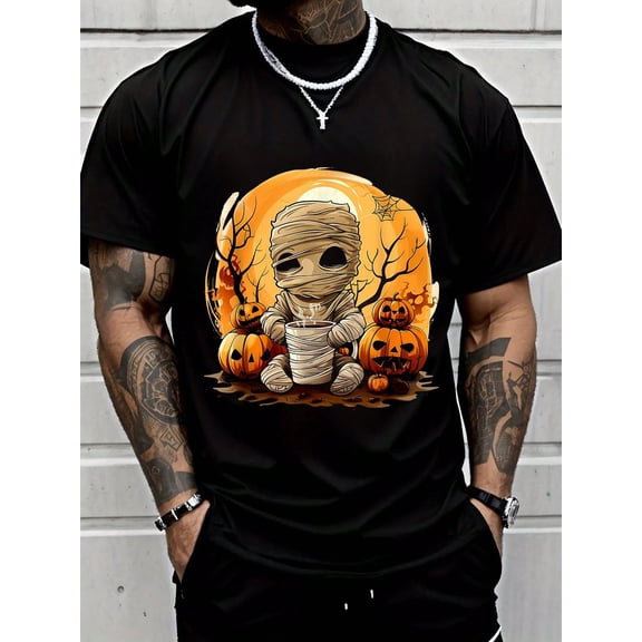 100% Cotton Mummy Halloween Coffee Spider Web Pumpkin Trick Or Treat T-Shirt Summer Men Halloween T-Shirt