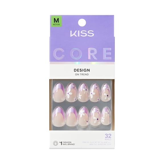 Kiss Core Design Press On Nails Almond, Chasing Sunshine, Neutral, Medium, 32 Count
