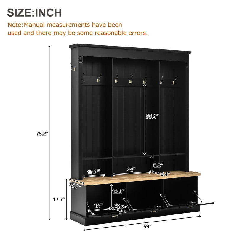 LED Lighting Hall Tree with 9 Hooks, Large Shoe Storage Bench with 3 Flip-Down Cabinets, Farmhouse Entryway Coat Rack Organizer