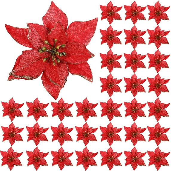 36 Pieces Christmas Poinsettia Decorations Glitter Poinsettia Flowers Christmas Tree Flowers Red Gold White Silver for Xmas Tree Ornaments, 5 Inch (red)