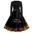 thumbnail image 2 of Women's Casual Dress Long Sleeve Round Neck New Year Printed Vintage Loose Fit Midi Dress for Spring Fall Holiday,Gold,M, 2 of 6