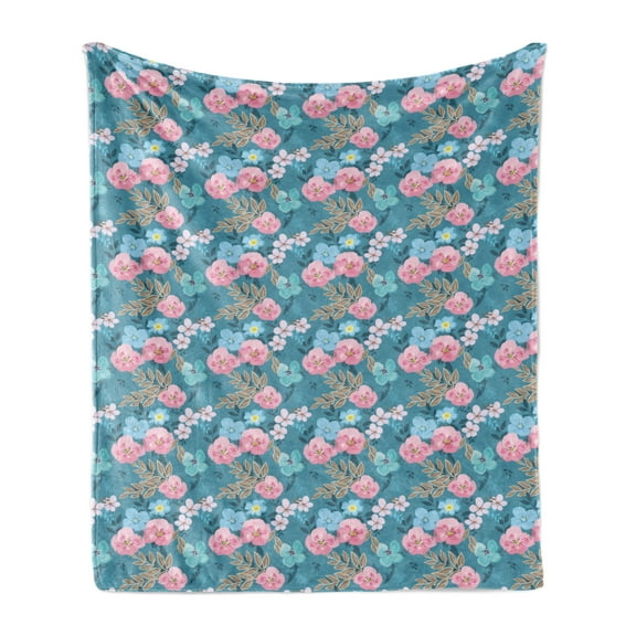 Floral Soft Flannel Fleece Throw Blanket, Flourishing Flowers with Leaves Watercolor, Cozy Plush for Indoor and Outdoor Use, 60" x 80", Sea Blue Pale Pink, by Ambesonne