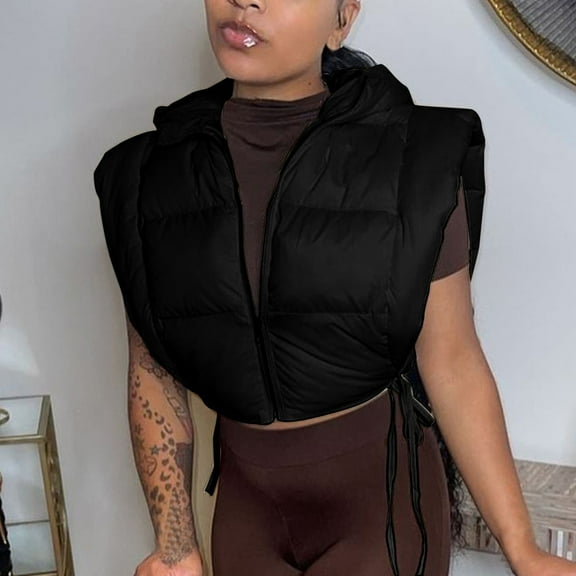 Pounoo Gift Cropped Puffer Vest for Women Zip Up Hooded Sleeveless Coats Filled Fluffy Bread Waistcoats Gilet Outerwear