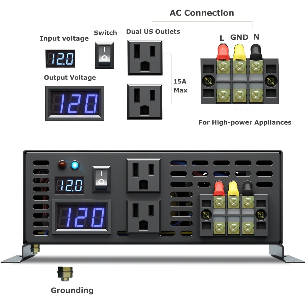 Pure Sine Wave Inverter 12V to 120V Car Power Converter 5000W  Truck RV Battery Generator Motorhome Solar