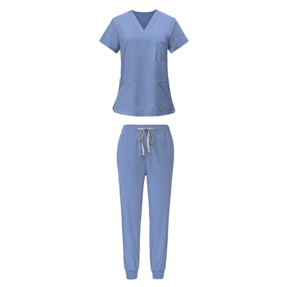 BLTIBY Scrubs for Men Set Stretch Fit Scrub V-Neck Top & Jogger Pants Medical Nurse Uniforms Outfits Multi Pockets Light Blue XL