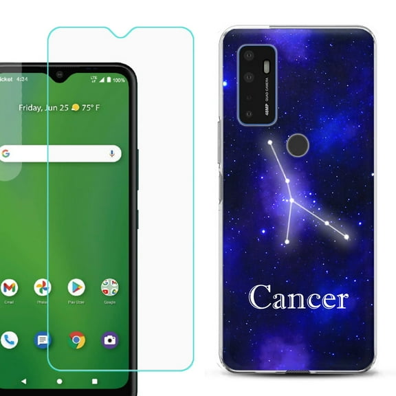Slim-Fit Gel TPU Phone Case for Cricket Dream 5G, with Tempered Glass Screen Protector, by OneToughShield ® - Zodiac / Cancer