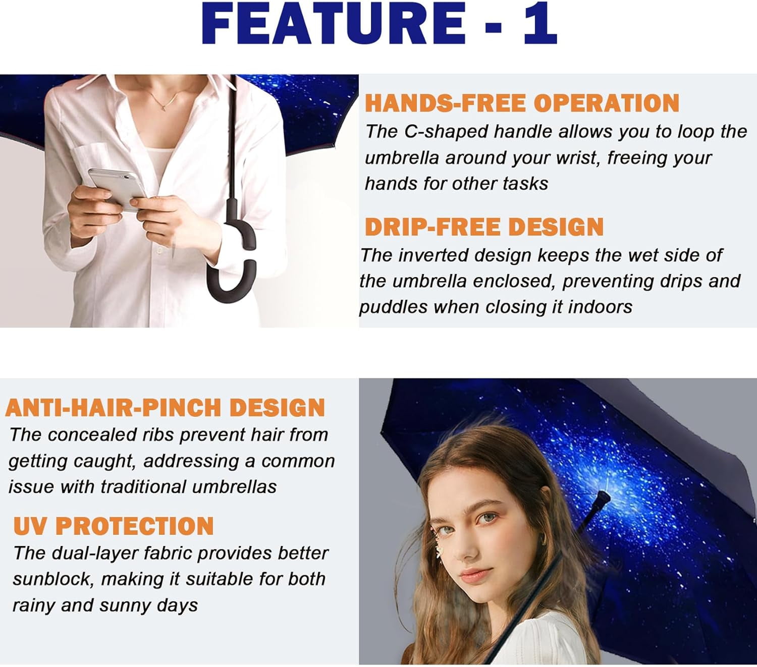 49/56 Inch Inverted Reverse Upside Down Umbrella, Extra Large Double Canopy Vented Windproof Waterproof Stick Golf Umbrellas with C-shape Handle.