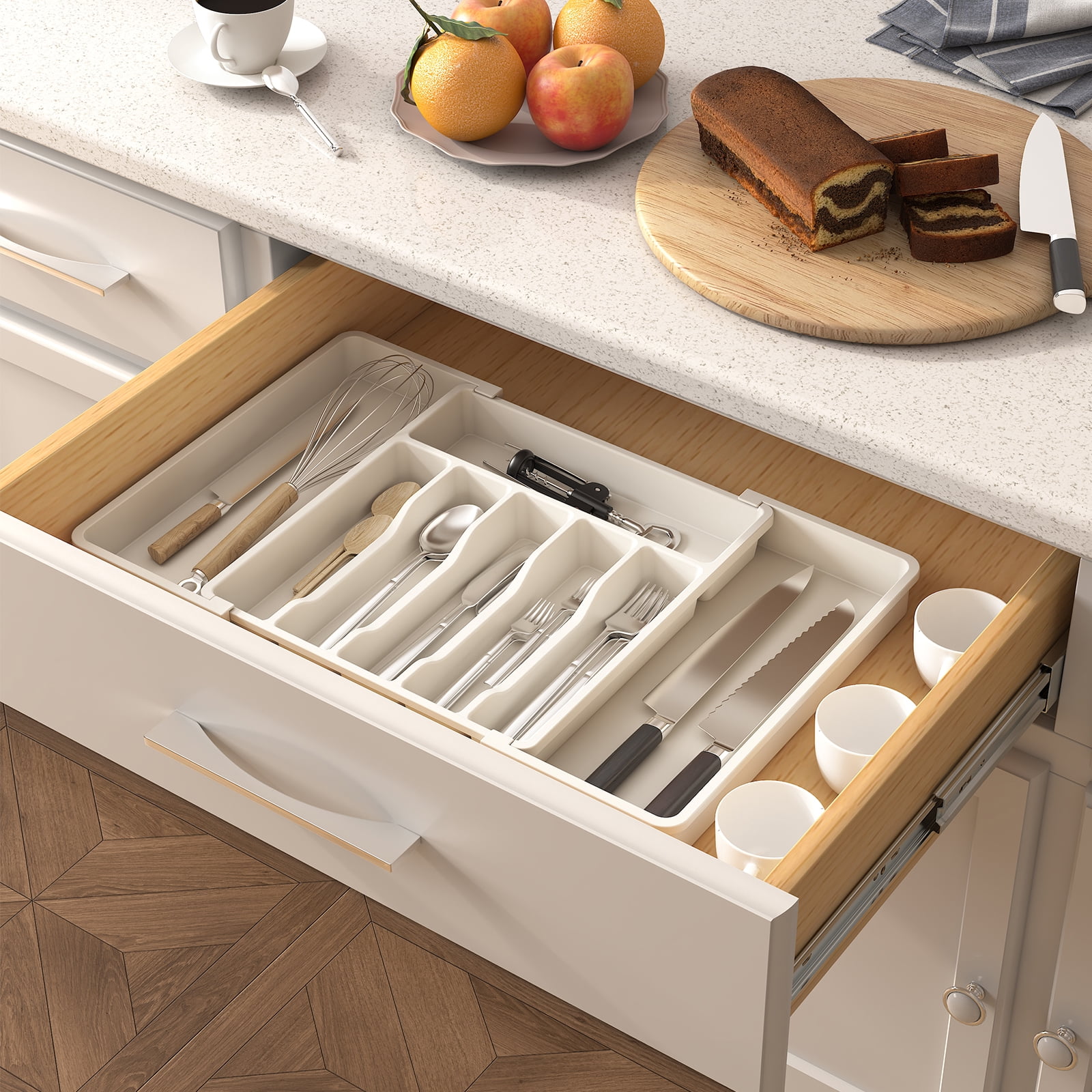 Lifewit Silverware Drawer Organizer, Expandable Utensil Tray BPA Free, Adjustable Flatware Storage for Spoons Forks Knives, 13"-22.4", White