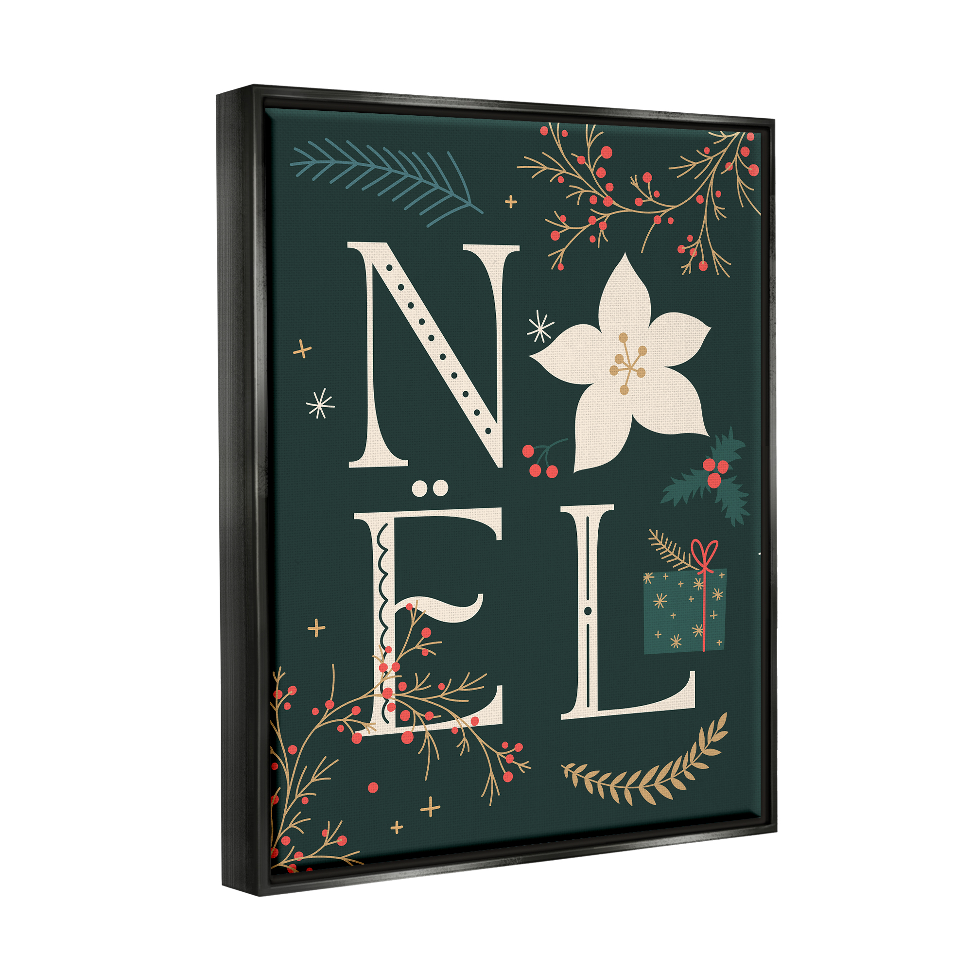 Stupell Industries Noel with Christmas Bloom Holiday Painting Black Floater Framed Canvas Art Print Wall Art, 17 x 21