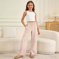 thumbnail image 2 of lnmuld Girls Wide Leg Pants Elastic Waist Drawstring Cotton Linen Casual Trousers with Pockets Solid Kids Palazzo Pants Size:4-5 Years, 2 of 7