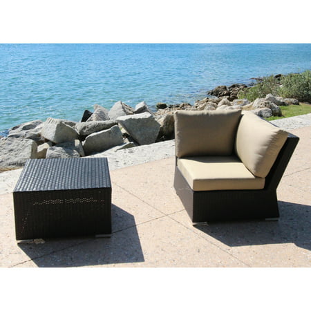 Bellini Home and Gardens Teana Wicker 2 Piece Patio Sectional Corner Chair and Coffee Table Set - Dura-Fast Meridiane Metals