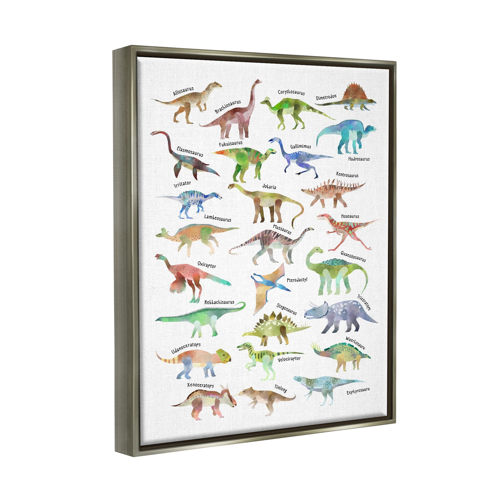 Stupell Industries Children's Dino Chart Dinosaur Reptile Fantasy Fun Watercolor Luster Gray Framed Floating Canvas Wall Art, 16x20, by Ziwei Li