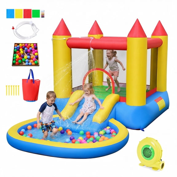 Gymax Inflatable Bounce House Kids Water Park Wet Dry w/ Splash Pool Water Slide & Bouncy Area Indoor Outdoor Jumping Castle