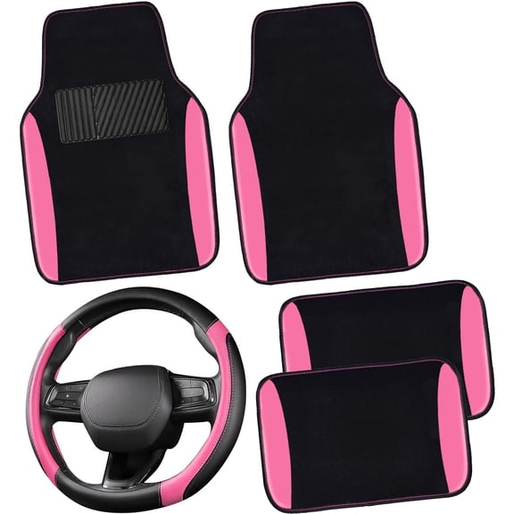 Steering Wheel Cover and Waterproof Car Floor Mats, Universal Fit Most Truck, SUV, Cars, 14.5-15inch Steering Wheel Covers with Anti-Slip Lining