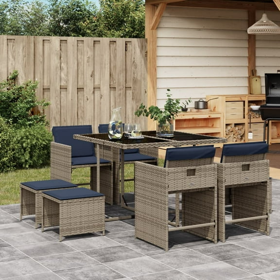 vidaXL 9 Piece Patio Dining Set with Cushions Gray Poly Rattan