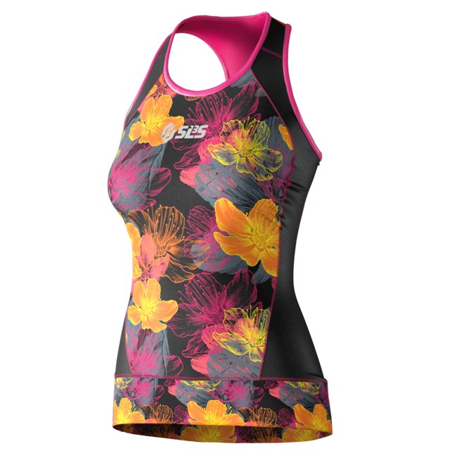 SLS3 Triatlón Top Mujer - Tri Top Sin Mangas Mujer - Camisas de Triatlón Cómodas y de Gran Ajuste o Camiseta Sin Estante (Negro/Sunrise Blooms Medium)