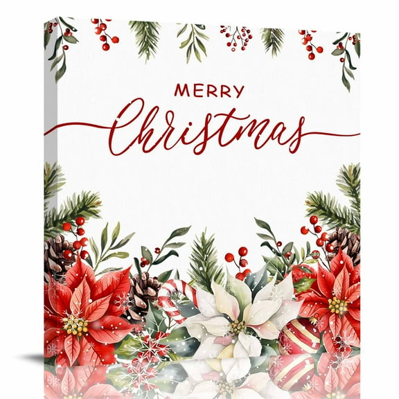 Canvas Print Wall Art Oil Paintings Merry Xmas Floral Poinsettia Fir Leaf Picture Prints Artwork for Living Room Kitchen Bathroom Bedroom
