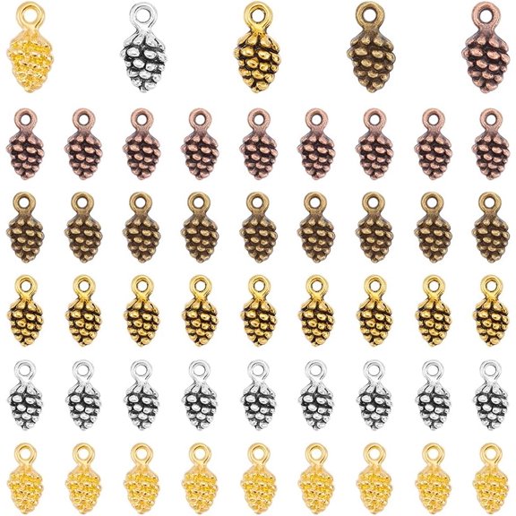 100Pcs Bulk Tiny Pine Cone Charms 5 Colors Tibetan Style Pinecone Pendants Christmas Charms Beads Pendants Fall Autumn Harvest Charm Thanksgiving Charms for DIY Crafts Jewelry Making